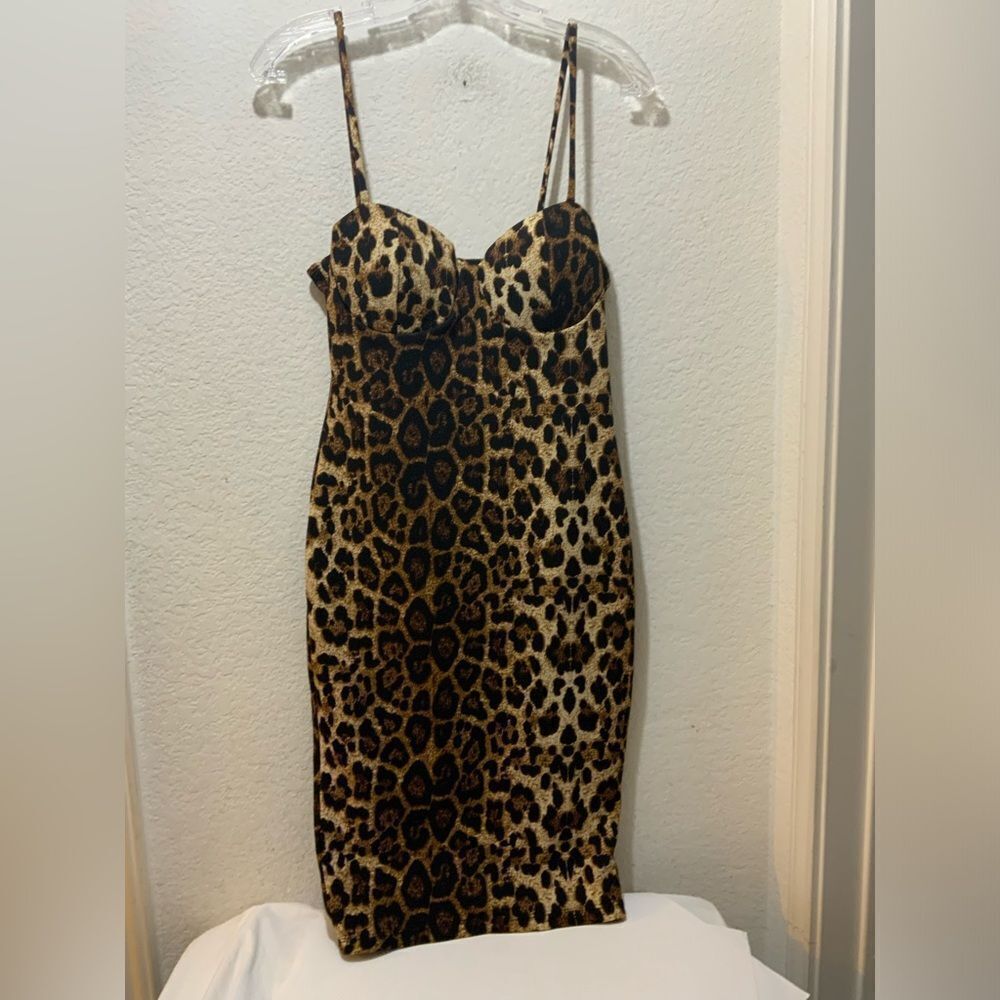 PRIVY leopard Black brown  Sleeveless Midi Sheath Cocktail Dress large